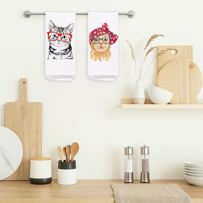 Cat Kitchen Towels Set of 2, Cat Lovers Mom Owners Gifts for Women Hand Towels for Bathroom Decor, Funny Kitty Decorative Dish Tea Towels for Kitchen Decor, 16x24 Inches