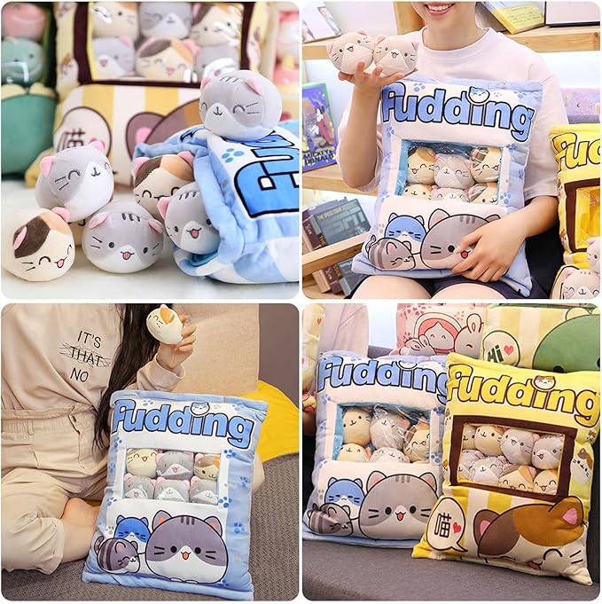 Cat Plush Pillow, Cute Plushies with Kitten Doll, Bag of Removable Kitten Stuffed Animals, Kawaii Plushies Cat Toy for Kids, Gift for Girls Boys Birthday (8 Blue Kitten)