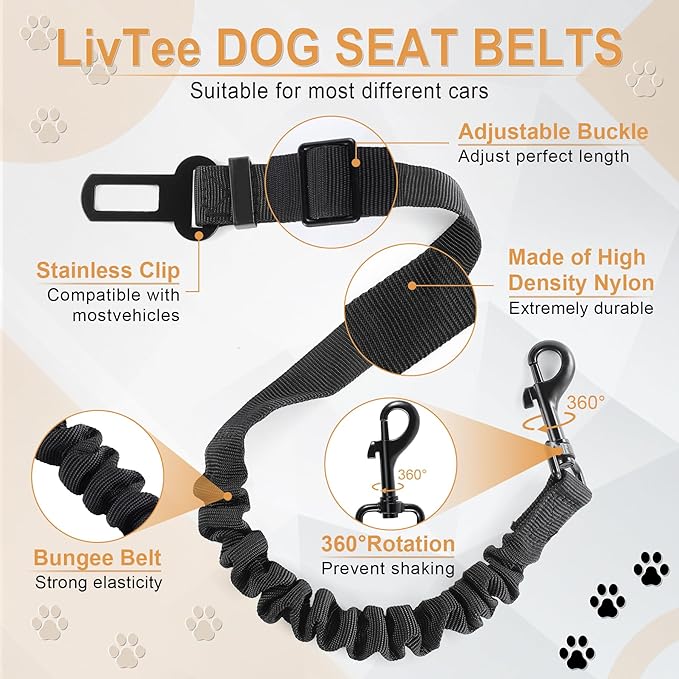 LivTee Dog Seat Belt for Car, Retractable Pet Safety Harness, Adjustable Nylon Dog Seatbelt Leash, Comfortable Dog Accessories for Vehicles (Black-2PCS)