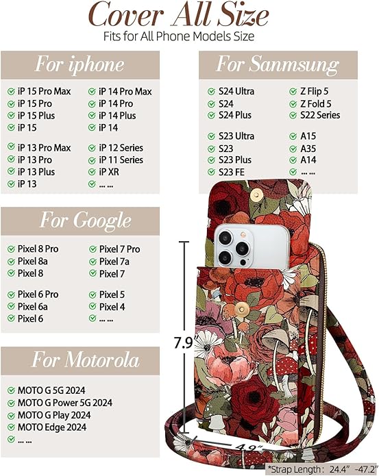 Cute Crossbody Purse Cell Phone Bags for Women - Leather Cellphone Wallet Purse with Handle Rope and Adjustable Shoulder Rope