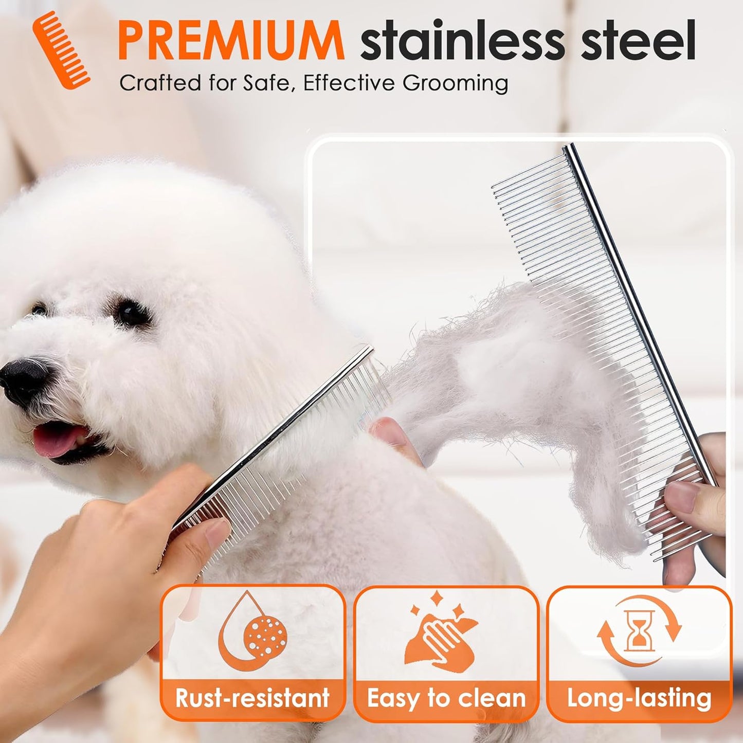 Dog Comb to Remove Tangles and Knots, Cat Comb with Stainless Steel Teeth and Non-Slip Handle, Dog combs for grooming matting for Long Haired Pets (Large)