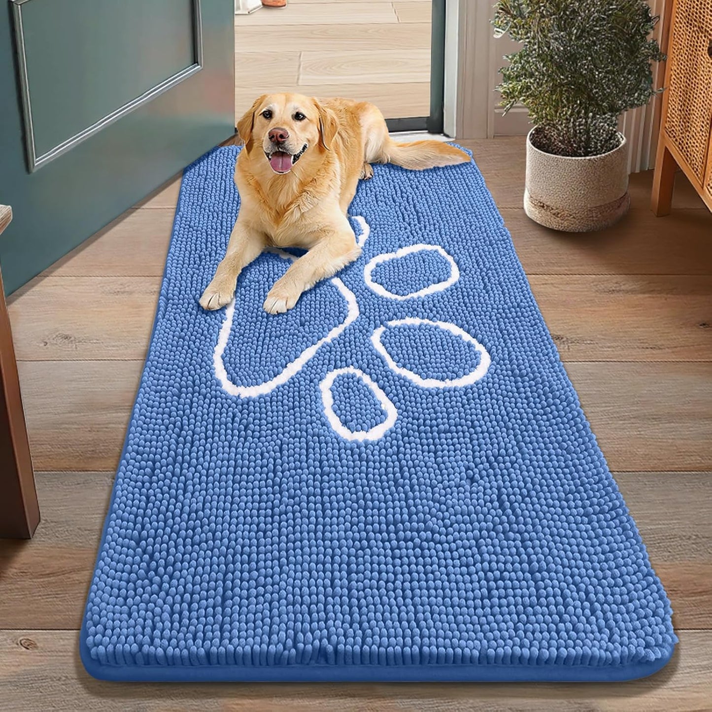 Smiry Dog Door Mat for Muddy Paws, Absorbent Dirt Trapper Non Slip Quick Dry Washable Chenille Mat for Mud Dogs, Entry Rug for Indoor and Outdoor (48x30 Inches, Cornflower Blue)