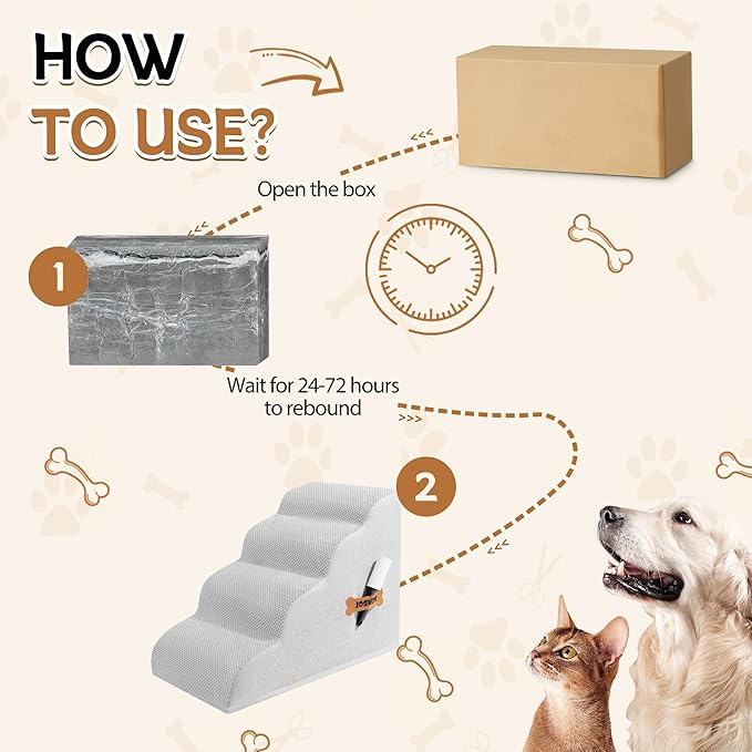 Romrol Dog Stairs Ramp for Beds Couches, Extra Wide Pet Steps with Durable Non-Slip Waterproof Fabric Cover, Dog Slope Stairs for Small Dogs and Cats or Pets Friendly, 4-TiersLight Grey