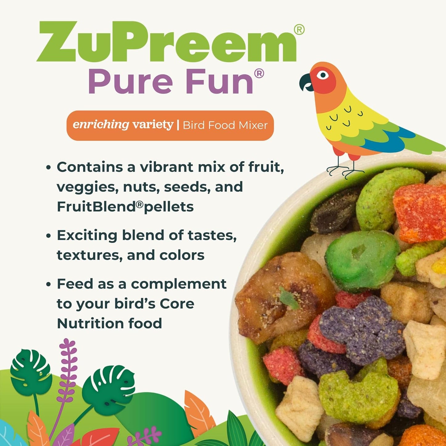 ZuPreem Pure Fun Bird Food, Cockatiel, Lovebird, Quaker, Small Conure, Lorikeet, Seed and Pellet Blend for Medium Birds, Food Mixer Topper, Enriching Variety, Made in USA (M, 2 lbs)
