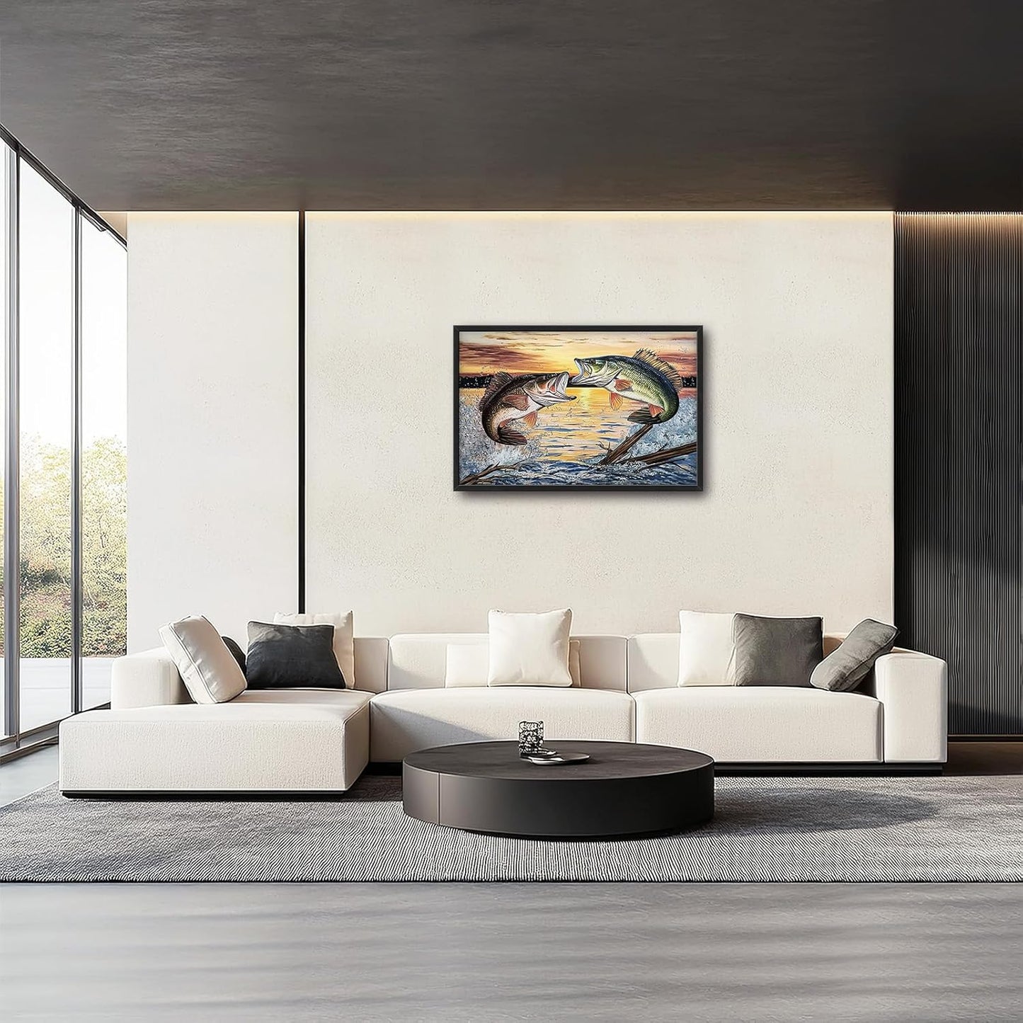 Large Fish Wall Art for Living Room, Framed Bass Fishing Wall Decor, Oversized Rustic Sunset Lake Canvas Painting Fish Pictures Modern Artwork Home Decoration for Living Room Bedroom Office 36"x24"