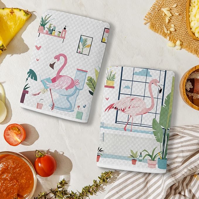 Pink Flamingo Decor Kitchen Towels for Bathroom Set of 2, Flamingo Bathroom Decor, Flamingo Gifts for Women, Cute Flamingos Waffle Weave Dish Towels 18x26 Inch