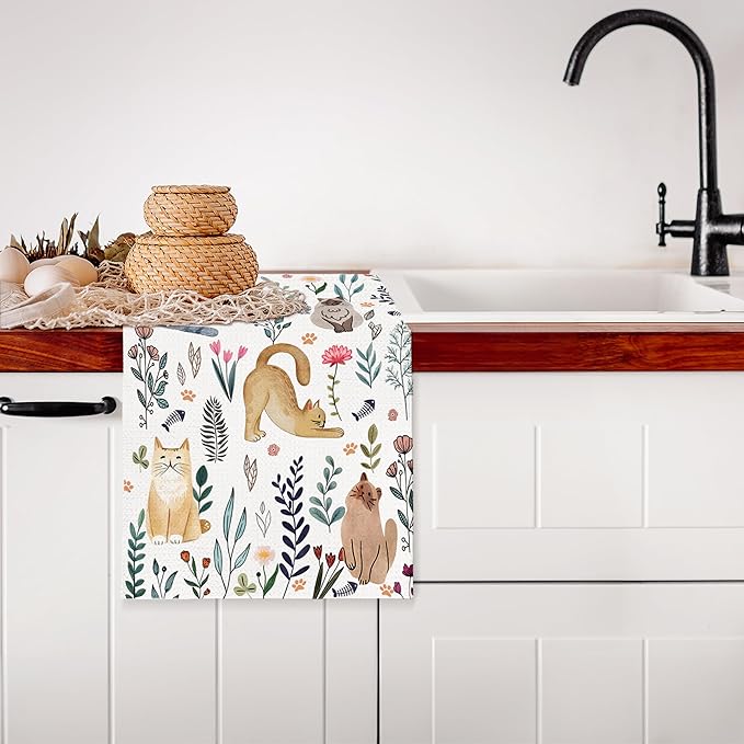 Pastoral Cat Kitchen Towels, Cat Lover Mom Lady Gifts Hand Towels for Bathroom Kitchen Decorative, Rustic Cottagecore Floral Kitty Kitten Dish Tea Towels Drying Cloth, 16x24 Inch