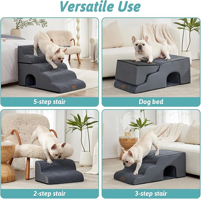 Extra Wide Dog Stairs with Tunnel, Detachable Large Pet Step for Small Medium Dog, Puppy or Cat, Ramp for High Bed, Couch, Sofa or Car, Stable, 19.7x33x22.4 inch, 5 Step, Dark Grey