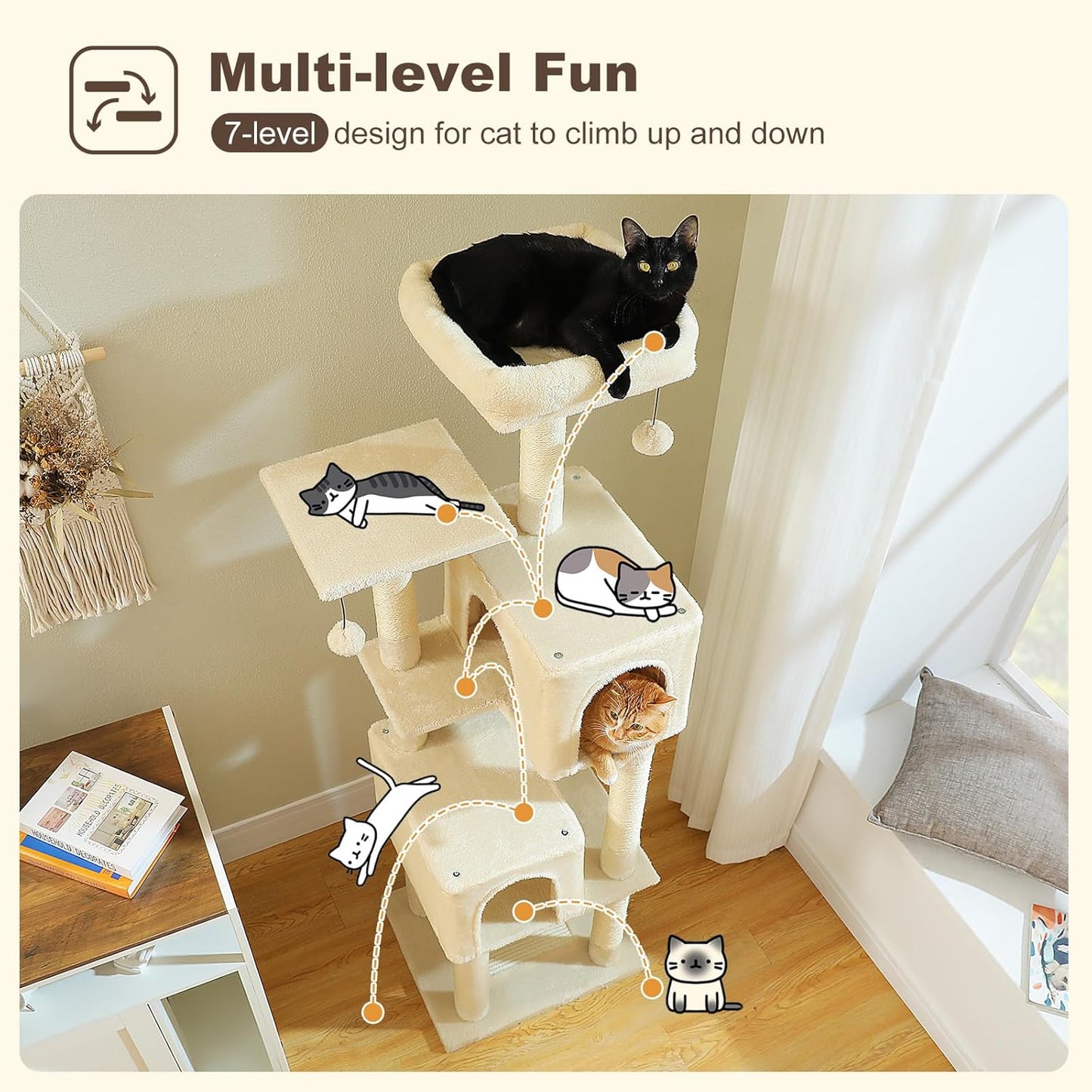 Cat Tree for Indoor Cats, Multi-Level Cat Tower with Sisal Scratching Posts, Padded Platform, Multi-Level Cat Condo w/Soft Bed & Scratching Pad, 2 Pompoms, Sturdy Base, Beige