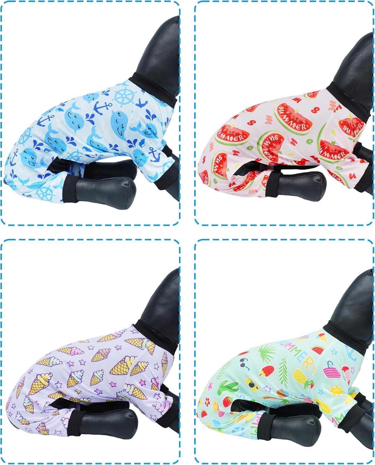 PET SHOW 4 Pack Small Dog Pajamas Watermelon Doggies Soft Stretchy PJs Whale Ice Cream Jumpsuit Puppy Cats Girl Boy Floral Onesies Outfits with Sleeve Pets Breathable Summer Dog Clothes Costume XS