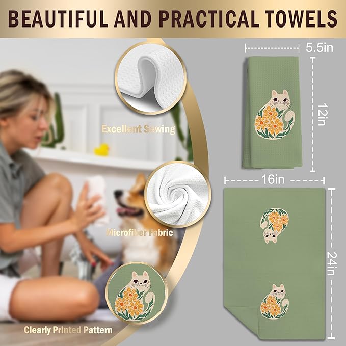 Cat Kitchen Towels - Cat Mom & Lady Gifts, 16x24 Inch Set of 3 Hand & Dish Tea Towels