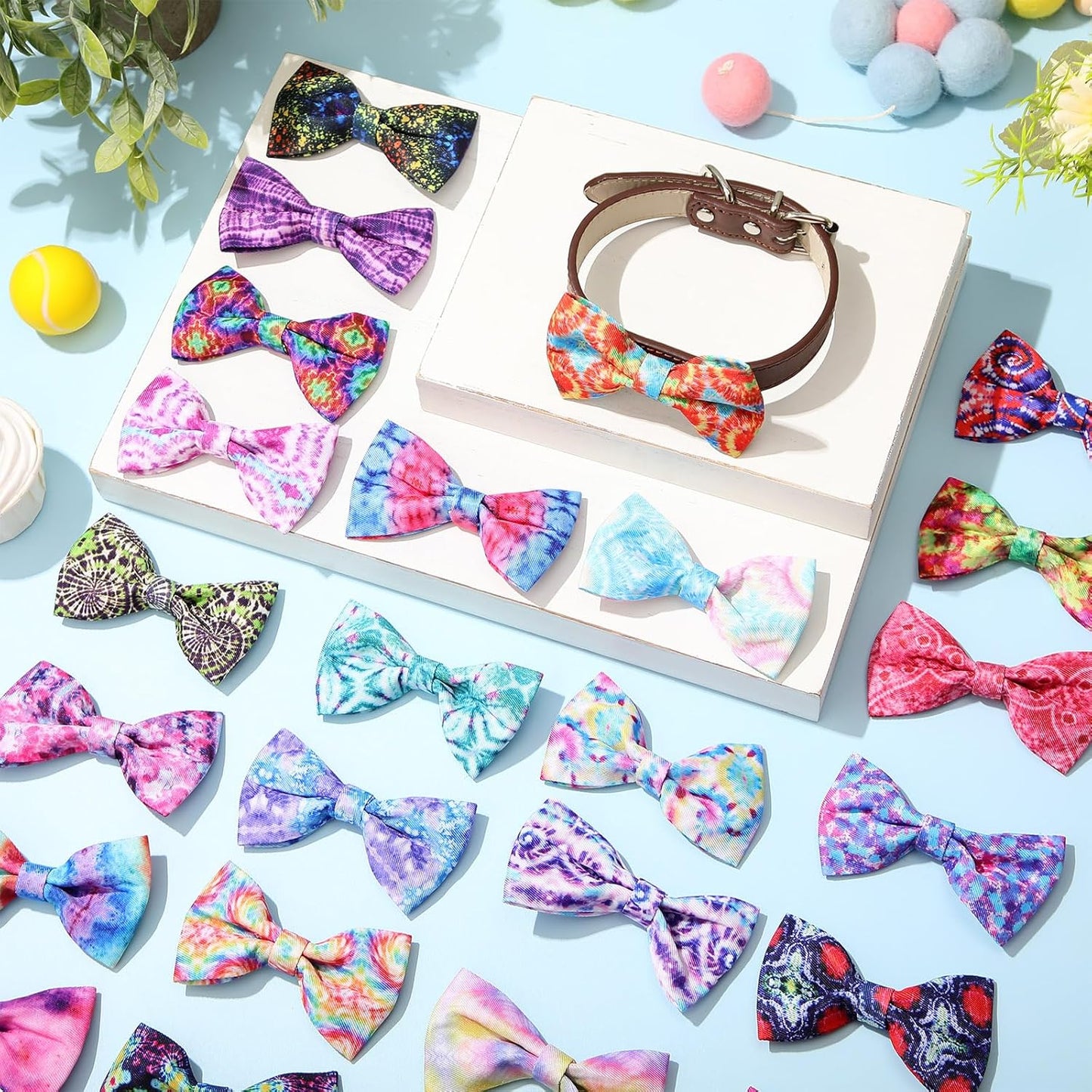 Reginary 50 Pieces Dog Bow Ties Pet Collar Bow Puppy Collar Attachment with Rubber Bands for Small Medium Cat Pet Grooming Charms Accessories Wedding Birthday Occasion(Tie Dye Style)