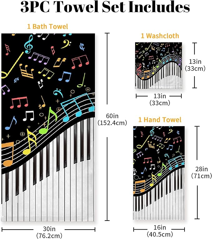 Gaming 3 Piece Towel Bathroom Sets, 1 Bath Towel, 1 Washcloth, 1 Hand Towel, Cotton Fast Dry Soft Absorbent Towel Set for Home Kitchen Family (Music Note Piano)
