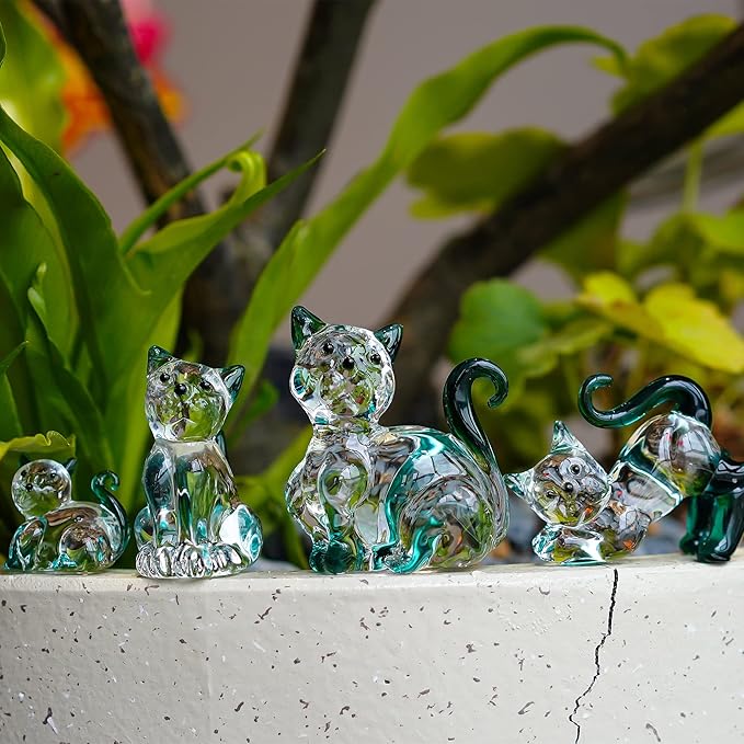 HDCRYSTALGIFTS Blown Glass Cat Figurines Collectibles Pack of 4 Emerald Green Crystal Kitty Animal Statue Kitten Sculpture for Home Decor Gift for Mom