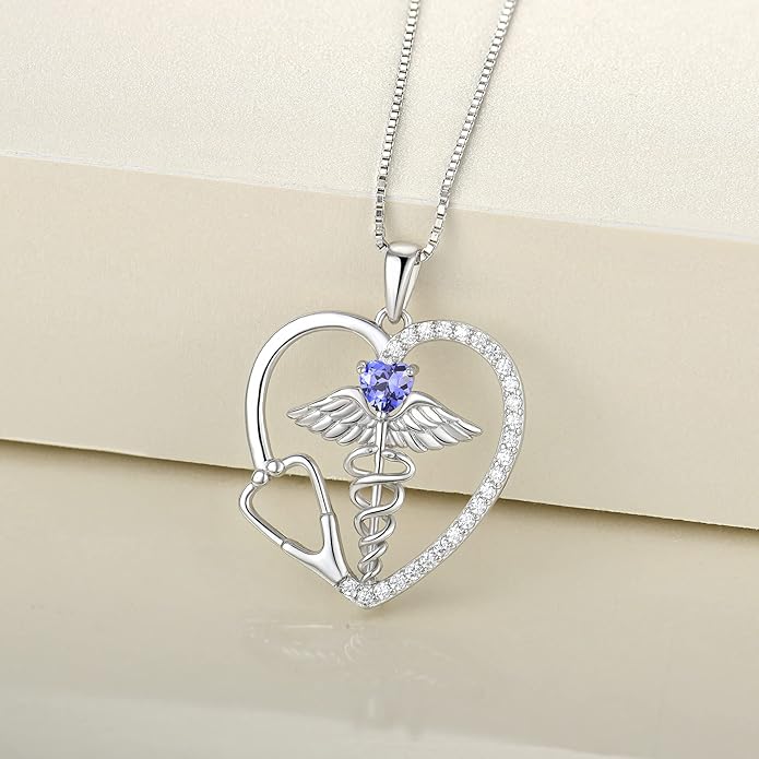 YL Caduceus Heart Necklace for Women Sterling Silver Doctor Nurse Themed Stethoscope Pendant Birthstone Angel Wings Snake Jewelry