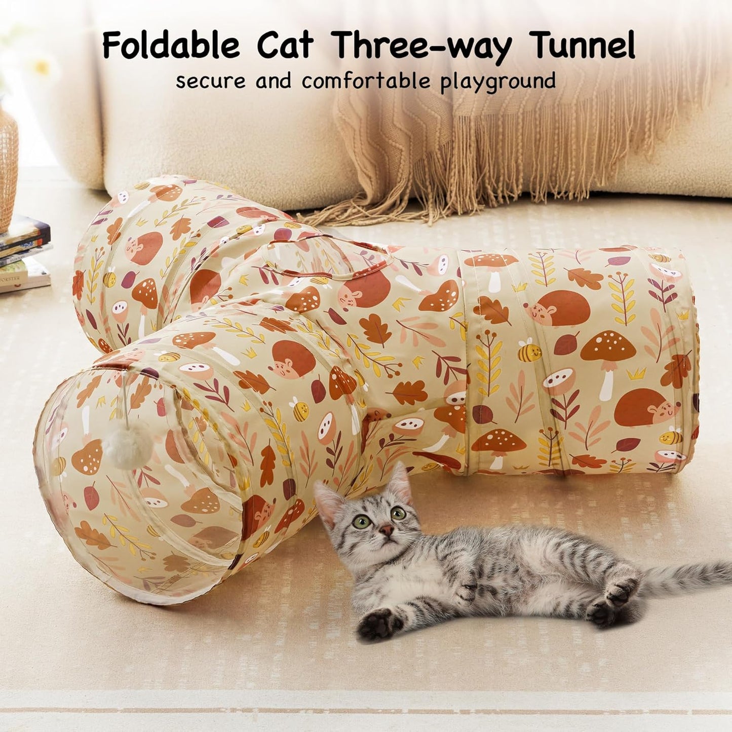 Tempcore Pet Cat Tunnel Tube Cat Toys 3 Way Collapsible, Cat Tunnels for Indoor Cats，Kitty Tunnel Bored Pet Toys Peek Hole Toy Ball Puppy, Kitty, Kitten, Rabbit Khaki Hedgehog