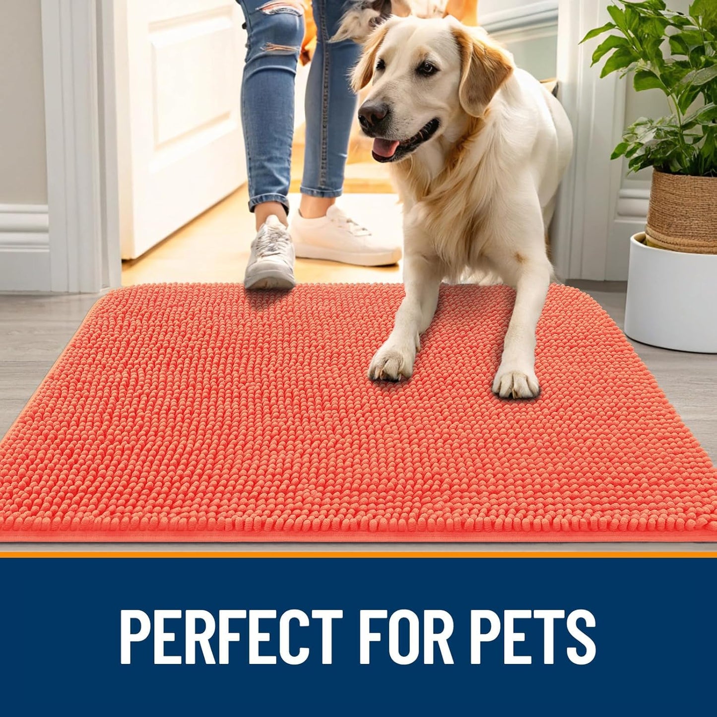 OLANLY Dog Door Mat for Muddy Paws 47x17, Absorbs Moisture and Dirt, Absorbent Non-Slip Washable Doormat, Quick Dry Chenille Mud Mat for Dogs, Entry Indoor Entryway Carpet for Inside Floor, Coral