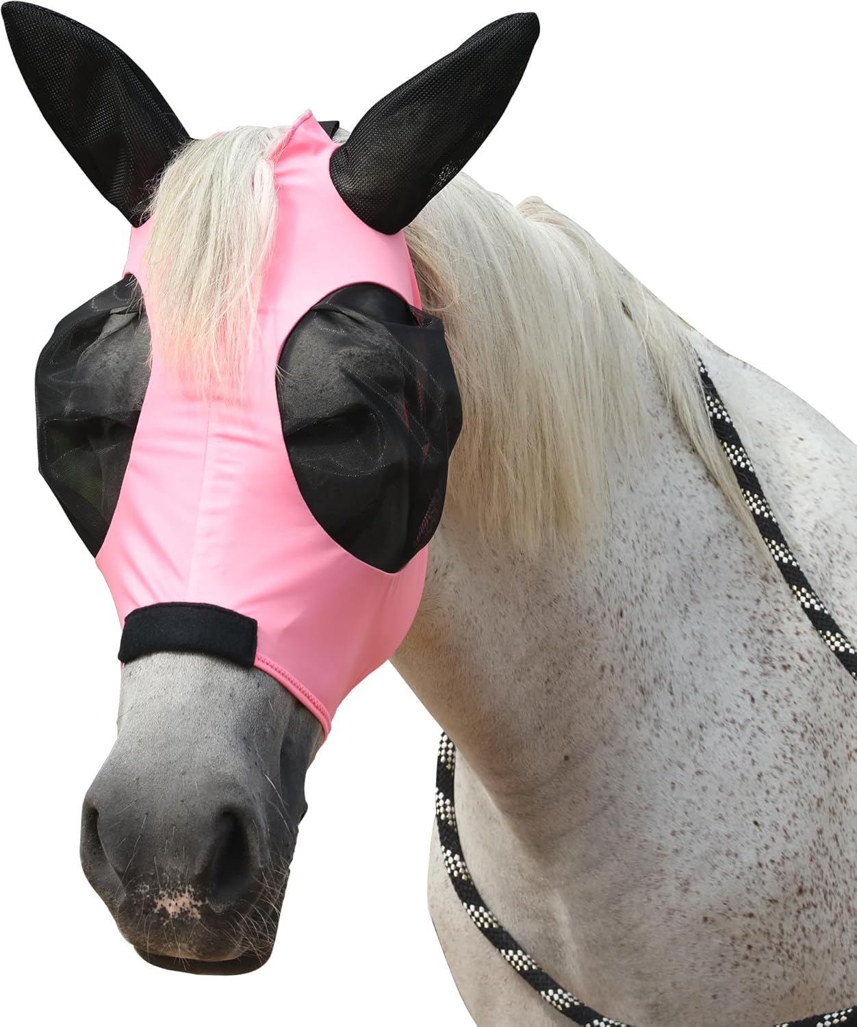 Horse Fly Mask with Ears - Large Eye Space for Full Vision, Breathable Stretch Comfort Fit, UV Protection, Forelock Opening, Easy Pull-On Pink Cob