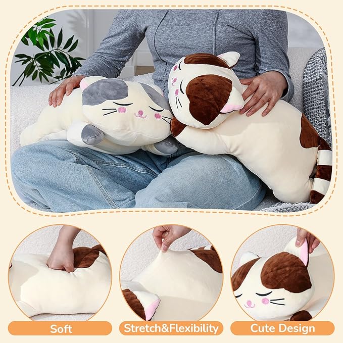 Jexine 2 Pcs 23.6'' Cat Plush Pillow, Cat Plush Hugging Pillow Large Kitty Kitten Plushies for Girls Soft Cute Stuffed Animal for Kids Christmas Birthday Gifts Cuddle, Gray and Brown