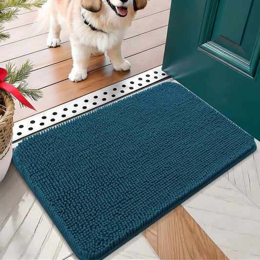 OLANLY Dog Door Mat for Muddy Paws 30x17, Absorbs Moisture and Dirt, Absorbent Non-Slip Washable Doormat, Quick Dry Chenille Mud Mat, Entry Indoor Entryway Carpet for Inside Floor, Atlantic Blue