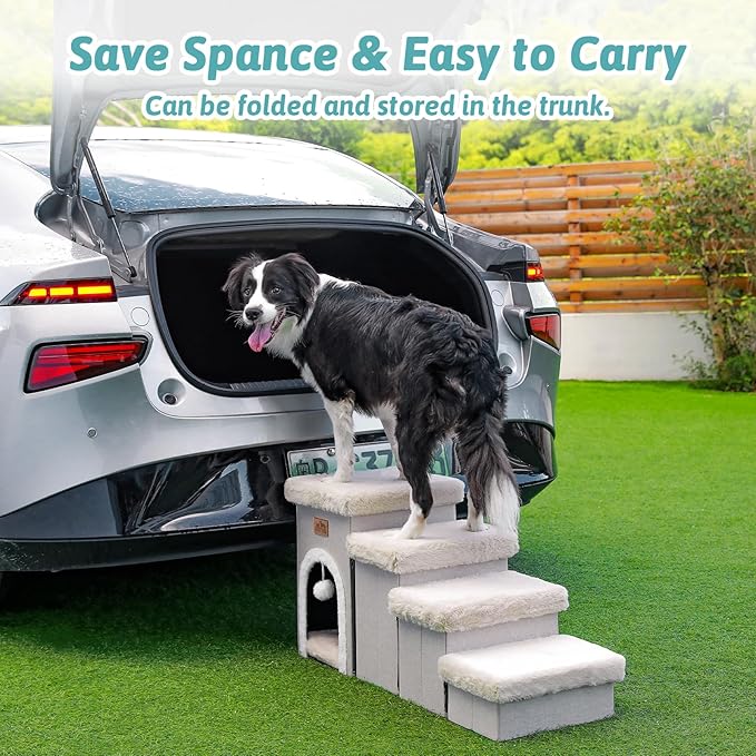 Dog Stairs for Small Dogs with Storage and Condo, 17.5" H Foldable Pet Stairs for Small Medium or Puppy Dogs and Older Cats, Dog Steps for Bed or Couch, 13x35x17.5 inch, 4 Tiers, Beige