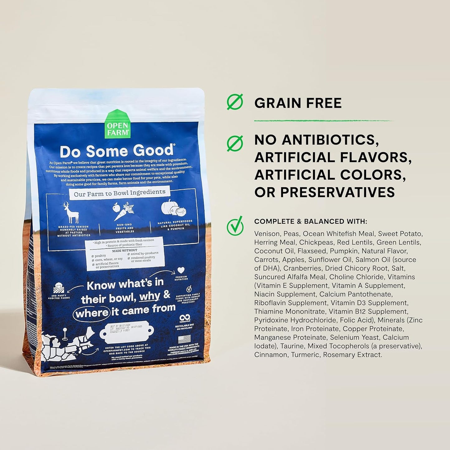 Open Farm, Grain-Free Dry Dog Food, Complete & Balanced Kibble, Sustainably & Ethically Sourced Ingredients, Non-GMO Veggies & Superfoods Support Overall Health, New Zealand Venison Recipe, 22lb Bag