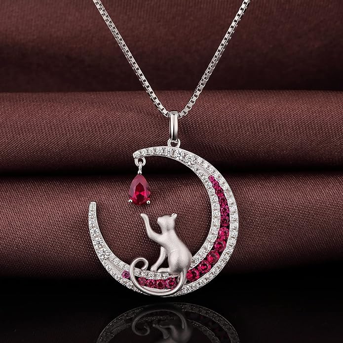 jiamiaoi 18K White Gold Plated Cat Necklace 925 Sterling Silver Diamond Cat Necklace Silver Cat On Moon Necklace for Women Gift for Birthday/Christmas, Come with Gift Box