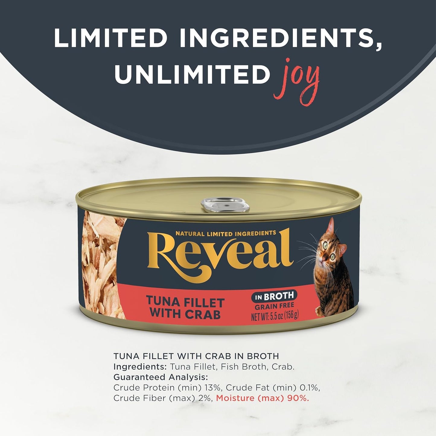 Reveal Natural Wet Cat Food, 12 Count, Grain Free, Limited Ingredient Canned Food for Cats, Tuna Fillet with Crab in Broth, 5.5 oz Cans