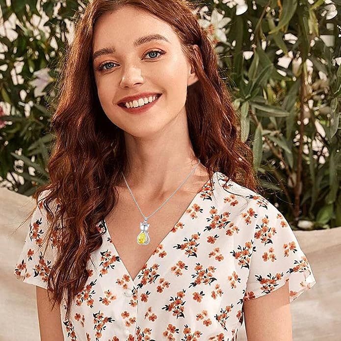 Odinstone Cat Birthstone Necklaces Jewelry Sterling Silver Cat Pendant Necklace Gift for Women Gifts, 18'' Silver Box Chain Women's Birthstone Crystal Cat Jewelry Gifts