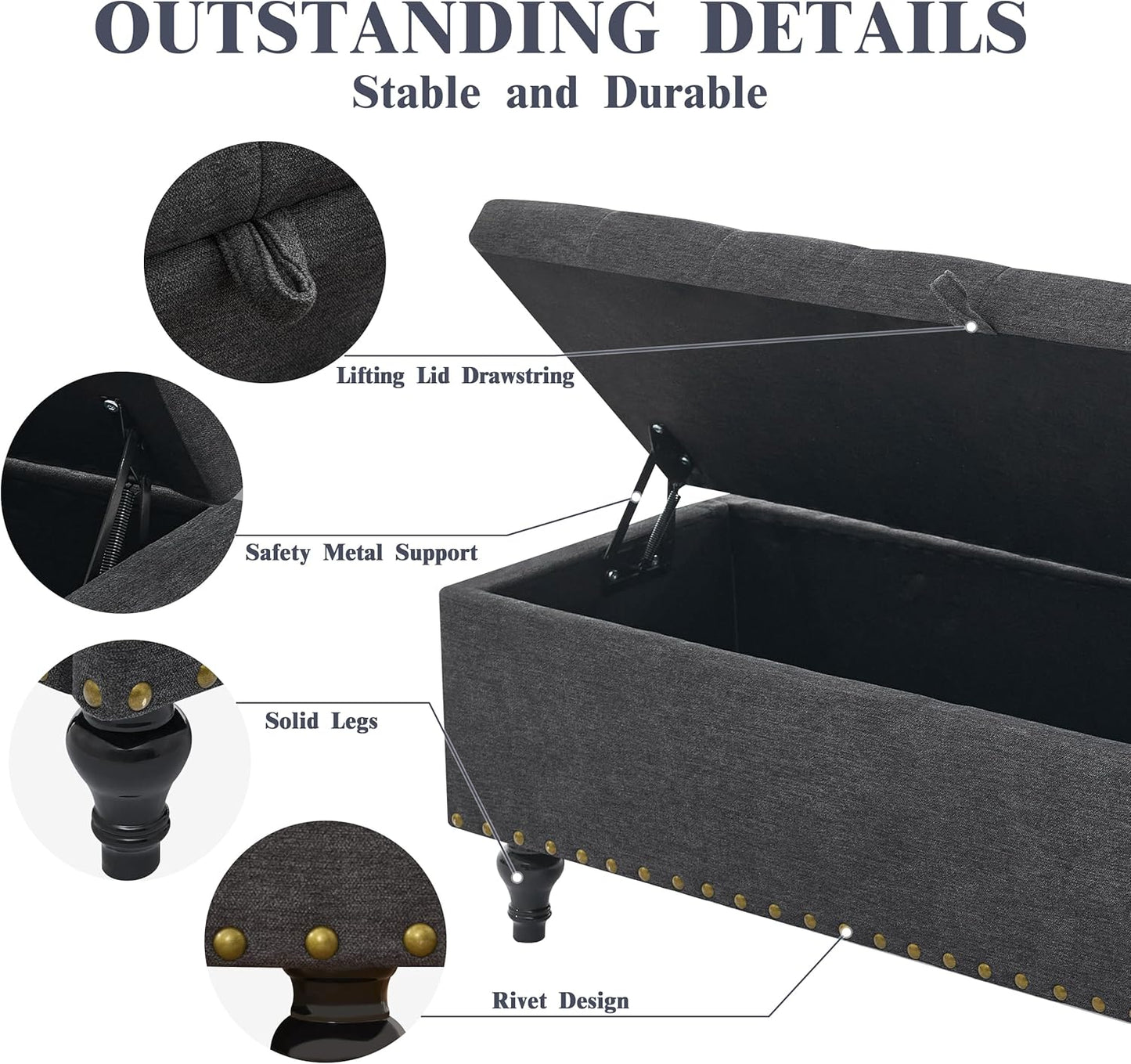 Mangodan51” Linen End of Bed Storage Bench, Tufetd Upholstered Storage Ottoman Bench with Safety Hinge, 330 lb Large Ottoman with Storages for Living Room, Entryway & Bedroom, Window Benches, Grey