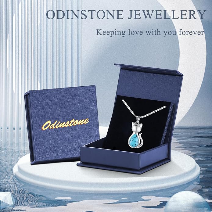Odinstone Cat Birthstone Necklaces Jewelry Sterling Silver Cat Pendant Necklace Gift for Women Gifts, 18'' Silver Box Chain Women's Birthstone Crystal Cat Jewelry Gifts
