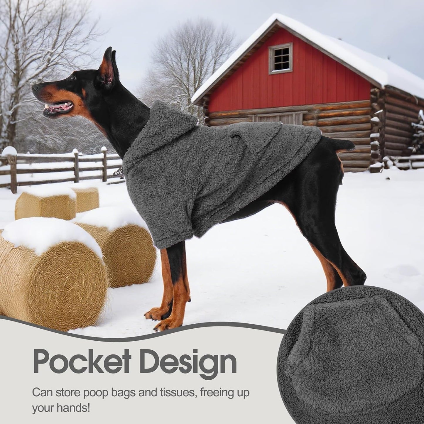 IDOMIK Fuzzy Dog Sweater with Adjustable Hood, Warm Fleece Dog Sweater Hoodie with Harness Hole & Pocket, Pullover Sweaters for Medium Dogs, Fuzzy Hooded Sweatshirt for Fall Winter Christmas,Grey,M