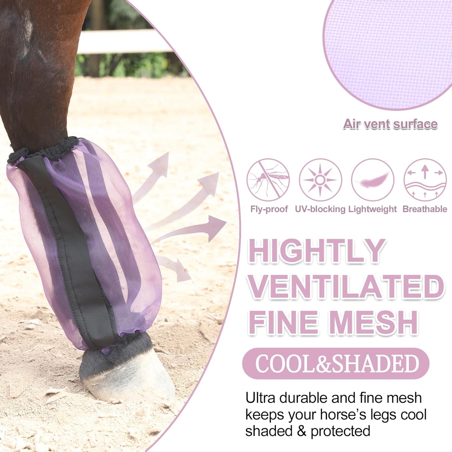 Horse Fly Boots Set of 4, Ultra Lightweight Breathable Mesh Leg Wraps, Non-Slip Fit, Reduce Stomping, Universal Size, Ideal for Summer Violet