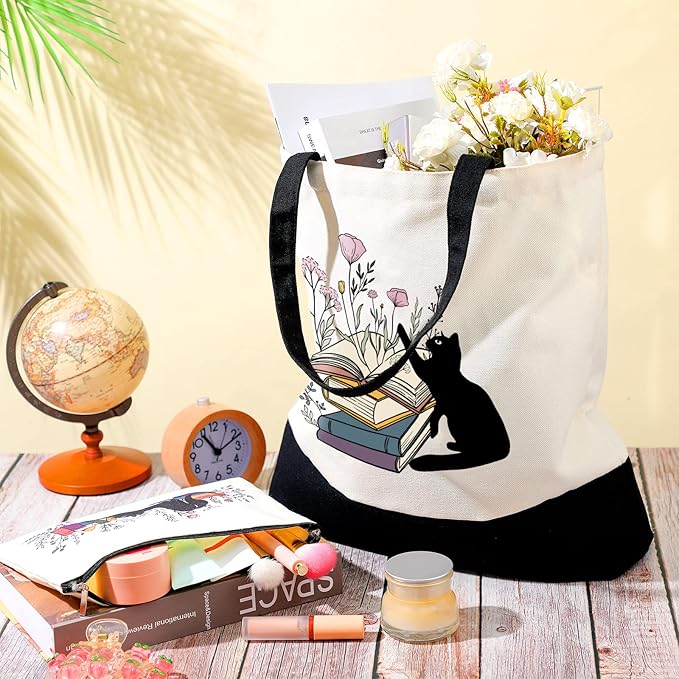 Cunno 2 Pcs Book Tote Bags Purse Set Book Lovers Gifts Canvas Tote Bags Librarian Bookish Birthday Gifts