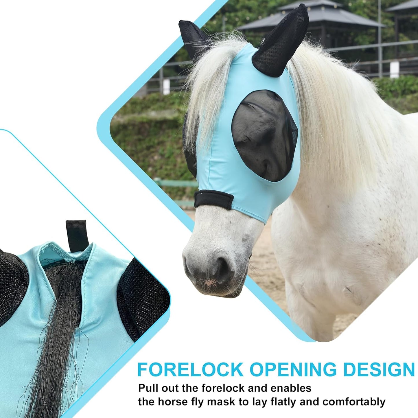Stretchy Horse Fly Mask for Horses, Soft Lycra Equine Mesh Mask, Elasticity Horse Face Covering, Breathable&UV Protection, Pacific Blue, Cob