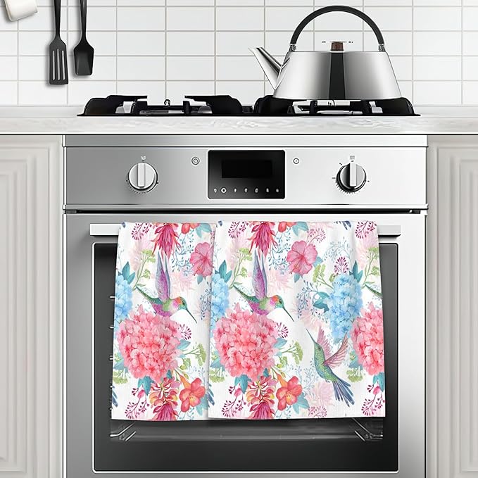 Hummingbirds Hand Towels Set of 2,Tropical Flowers Bath Hand Towels for Bathroom Decorative Soft Absorbent Dish Towels for Kitchen Bathroom Gym Hotel Spa Sport 16x24 Inches