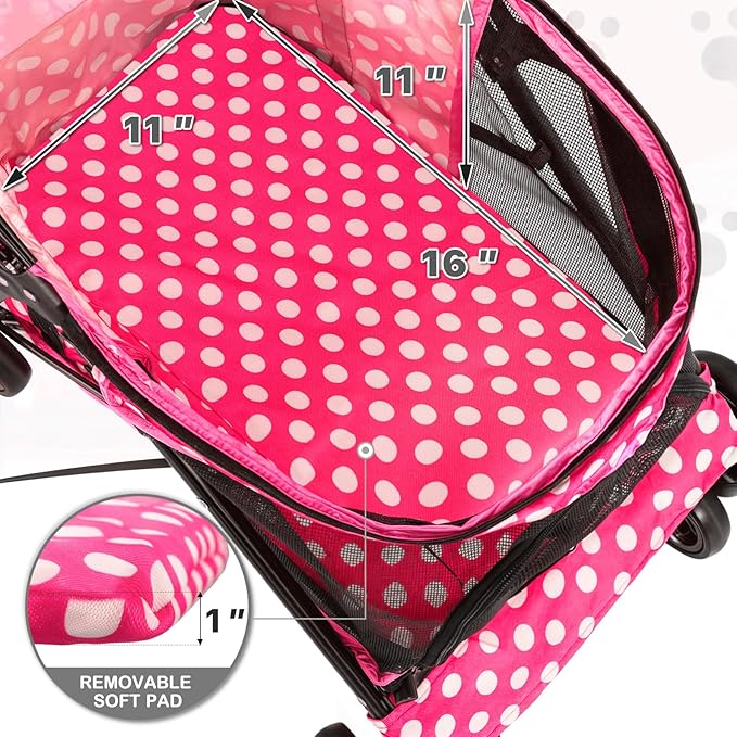 MoNiBloom 4 Wheels Pet Stroller, Easy-Fold Umbrella Shaped Dog Cat Jogger Stroller w/Storage Bag & Visible Mesh for Small/Medium Dogs Cats Hot Pink Polka Dots