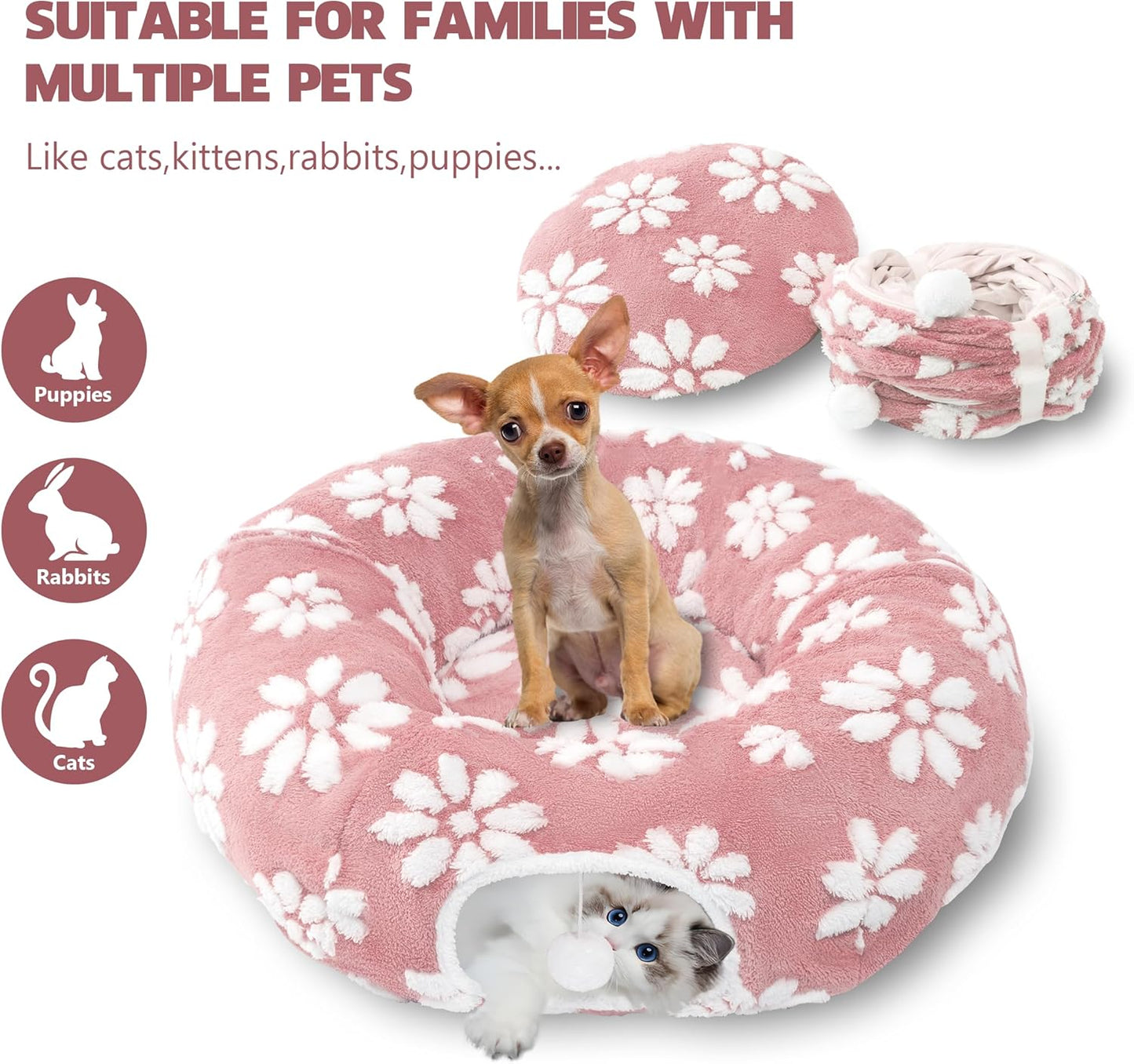 Cat Tunnel for Indoor Cats, Cute Peekaboo Cat Cave with Dangling Balls, Pet Donut Tunnel Bed with Circle Mat for Puppy Kitten Rabbit, Pink