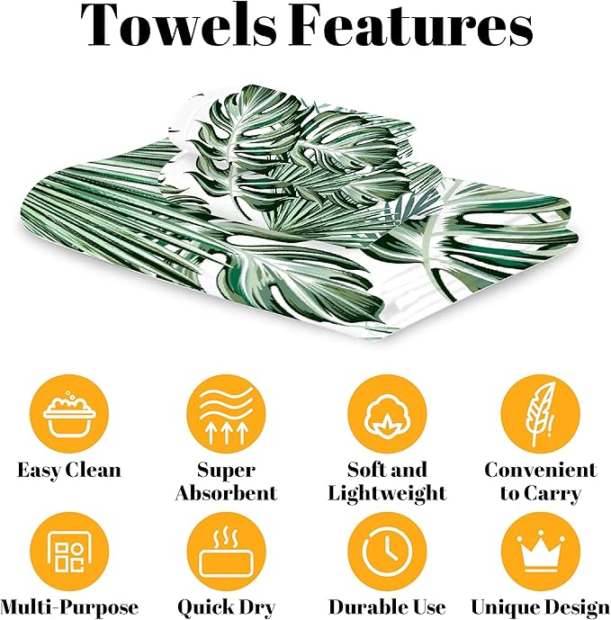 Deliciosa Palms Tropical Plants 3 Piece Towel Bathroom Sets, 1 Bath Towel, 1 Washcloth, 1 Hand Towel, Cotton Fast Dry Soft Absorbent Towel Set for Home Kitchen Family
