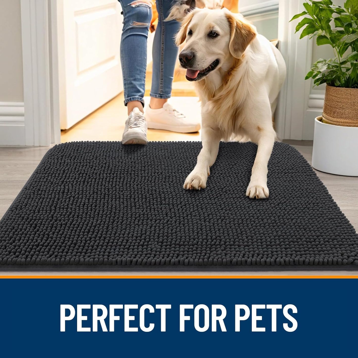 OLANLY Dog Door Mat for Muddy Paws 30x17, Absorbs Moisture and Dirt, Absorbent Non-Slip Washable Doormat, Quick Dry Chenille Mud Mat for Dogs, Entry Indoor Entryway Carpet for Inside Floor, Dark Grey