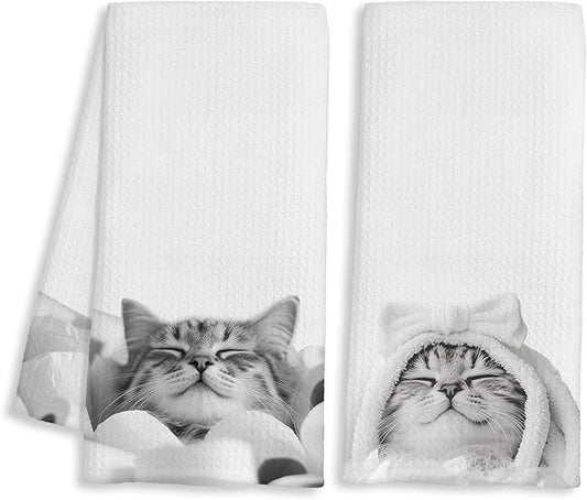 Funny Cat Decor Bathroom Hand Towels, Cat Lover Mom Lady Gifts, Cute Cats Kitty Bathrobe and Toilet Paper Decorative Hand Towels for Kids Bathroom Washroom Restroom, 16x24 Inch Set of 2