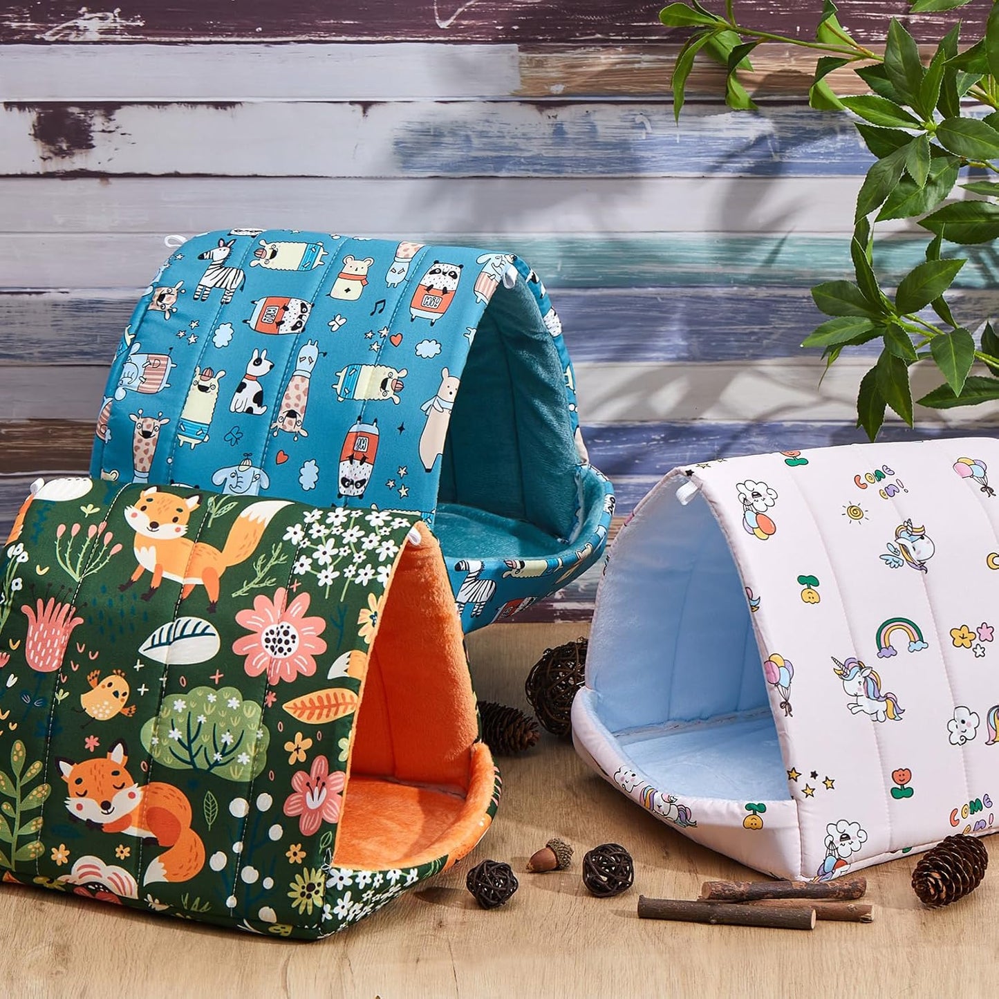 4 Pcs Guinea Pig Hideout, Guinea Pig Bed Tunnel, Rabbit Washable Small House Cage Accessories for Bunny Hedgehog Mouse Chinchillas Hamsters Ferrets Bearded Dragons Rats(Forest,9.8 in)