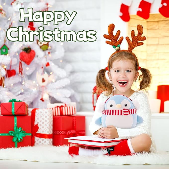 Christmas Penguin Plush with Scarf and Earflap Cute Penguin Plushie for Kids Boys Girls Blue 12 inch