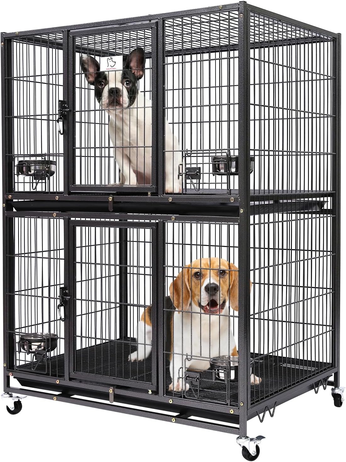 Homey Pet Two Tiers 37 Inch Dog Crate Cage Kennel with Feeding Door and Bowls, Lockable Wheels and Removable Tray, Escape Proof Metal Wire Heavy Duty Dog Crates for Medium/Small Sized Dogs (2 Pack)
