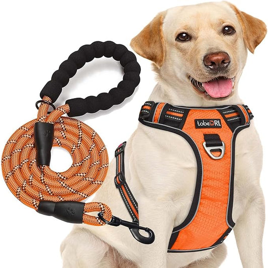 No Pull Dog Harness Adjustable Reflective Oxford Easy Control Medium Large Dog Harness with A Free Heavy Duty 5ft Dog Leash (XL (Chest: 31"-39"), Orange Harness+Leash)