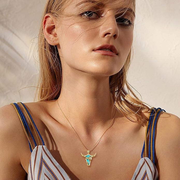 Midir&Etain Western Necklace 925 Sterling Silver Turquoise Pendant Cow Skull/Hat/Tag/Cactus Cowgirl Country Jewelry for Women Men