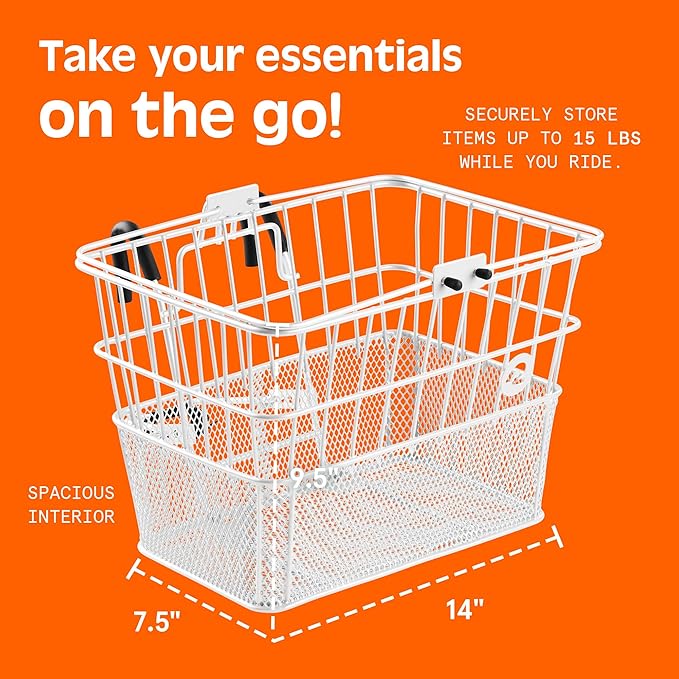 Retrospec Apollo Detachable Front Bike Basket Steel Half-Mesh with Integrated Detachable Hooks and Built-In Handle, Easy Assembly and Portability for Bicycles