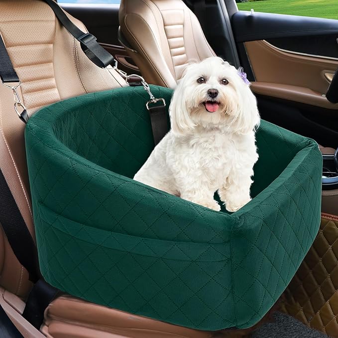 Dog Car Seat for Small Medium Dogs,Detachable Washable Dog Booster Seat Under 30lbs, Pet Car Seats Travel Bed with Storage Pockets and Safety Belt(Green)