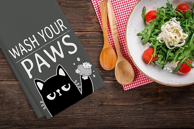 QIYUHOY Black Cat Dish Towels and Cloths, Wash Your Paws, Cat Theme Gifts for Lovers, Hand Towels, 24x16 Inch (Gray)