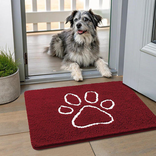 Smiry Dog Door Mat for Muddy Paws, Absorbent Dirt Trapper Non Slip Quick Dry Washable Chenille Mat for Mud Dogs, Entry Rug for Indoor and Outdoor (24x16 Inches, Red)
